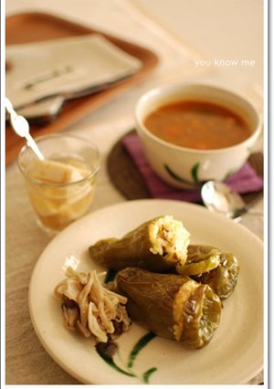 きのこご飯を詰めた丸ごとピーマン焼き-レシピのメイン写真