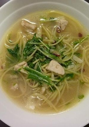 鶏肉と水菜のスープパスタ(*´∇`)ノ-レシピのメイン写真