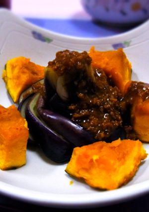 茶せんナスとカボチャの肉味噌がけ-レシピのメイン写真