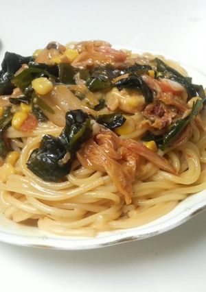 オイマヨキムチのコーンわかめのパスタ♪-レシピのメイン写真