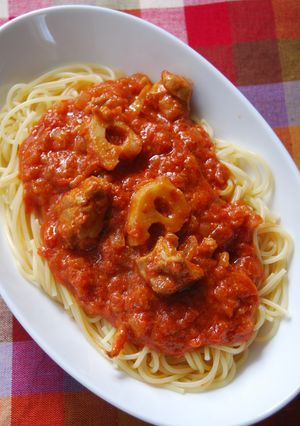 ♢レンコンと鶏肉のチーズトマトパスタ♢-レシピのメイン写真