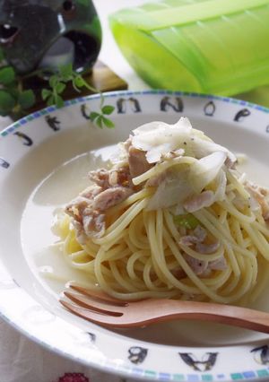 ルクエで豚バラ肉とねぎの和風スープパスタ-レシピのメイン写真