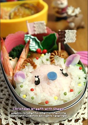 クリスマスリースのひつじ弁当：キャラ弁-レシピのメイン写真