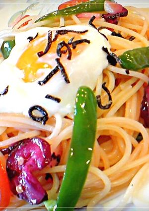 柴漬とピーマンの巣籠り風パスタ-レシピのメイン写真