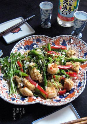 【酒菜】豆苗・アスパラ・海鮮・ＸＯ醤炒め-レシピのメイン写真