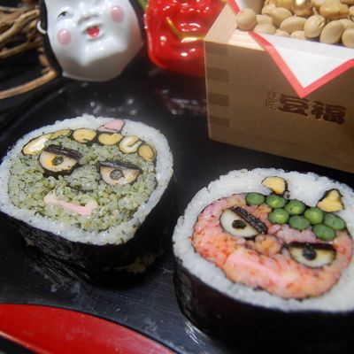 【購入済】節分   つまみ細工  赤鬼  青鬼  巻き寿司    お花 ☆可愛い赤鬼と青鬼の節分(受注生産) 樹脂粘土 豆まき 恵方巻き