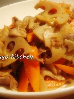 れんこん・人参・豚肉の甘辛炒めさん♪-レシピのメイン写真