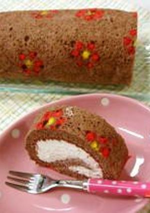 デコ☆お花模様のココアロールケーキ-レシピのメイン写真
