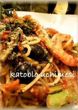 海老と菜の花、ごぼうのパスタ-レシピのメイン写真