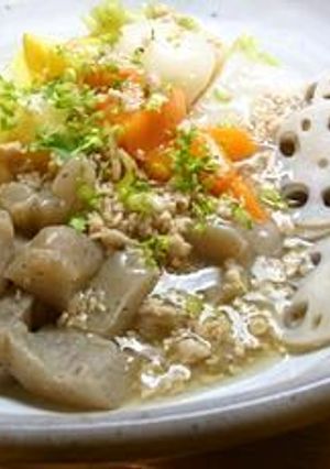 同時にできる!蒸し野菜と鶏挽のスープ餡-レシピのメイン写真