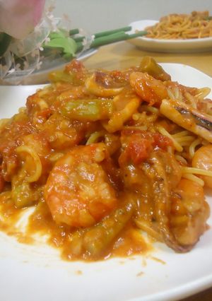 海老とイカとアスパラのトマト味パスタ　-レシピのメイン写真