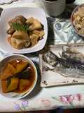 南瓜、筍、野菜、厚揚げ、蕨の煮物、筍飯