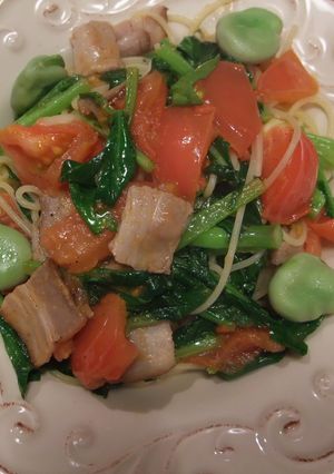 かき菜とトマトのパスタ-レシピのメイン写真