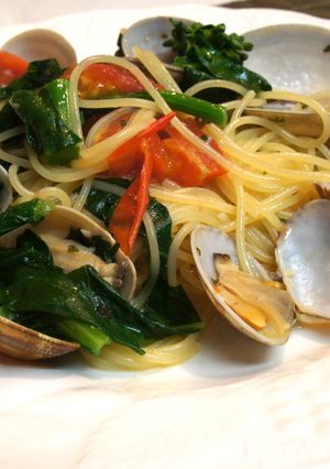 あさりと菜の花のパスタ。プチトマト入り。-レシピのメイン写真