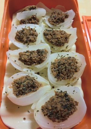 新玉ねぎとひき肉のレンジ蒸し-レシピのメイン写真