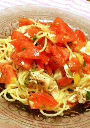 ささみとトマトでニンニク香る冷製パスタ-レシピのメイン写真