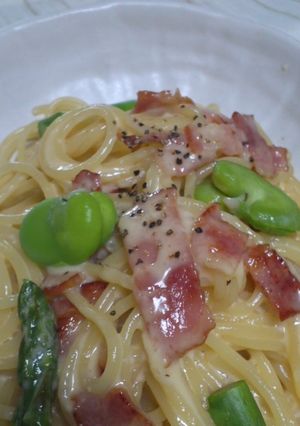 空豆とアスパラ♪春のカルボナーラ-レシピのメイン写真