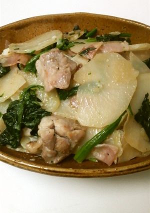 じゃがいもと法蓮草と鶏肉のマヨチー炒め-レシピのメイン写真