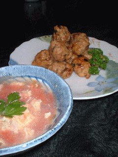 一石二鳥で晩御飯~★鶏つくねの甘辛炒め&貝柱入り卵トマトスープ★-レシピのメイン写真