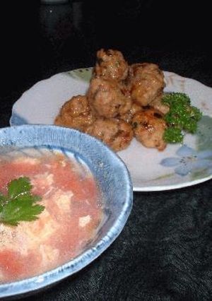 一石二鳥で晩御飯～★鶏つくねの甘辛炒め＆貝柱入り卵トマトスープ★-レシピのメイン写真
