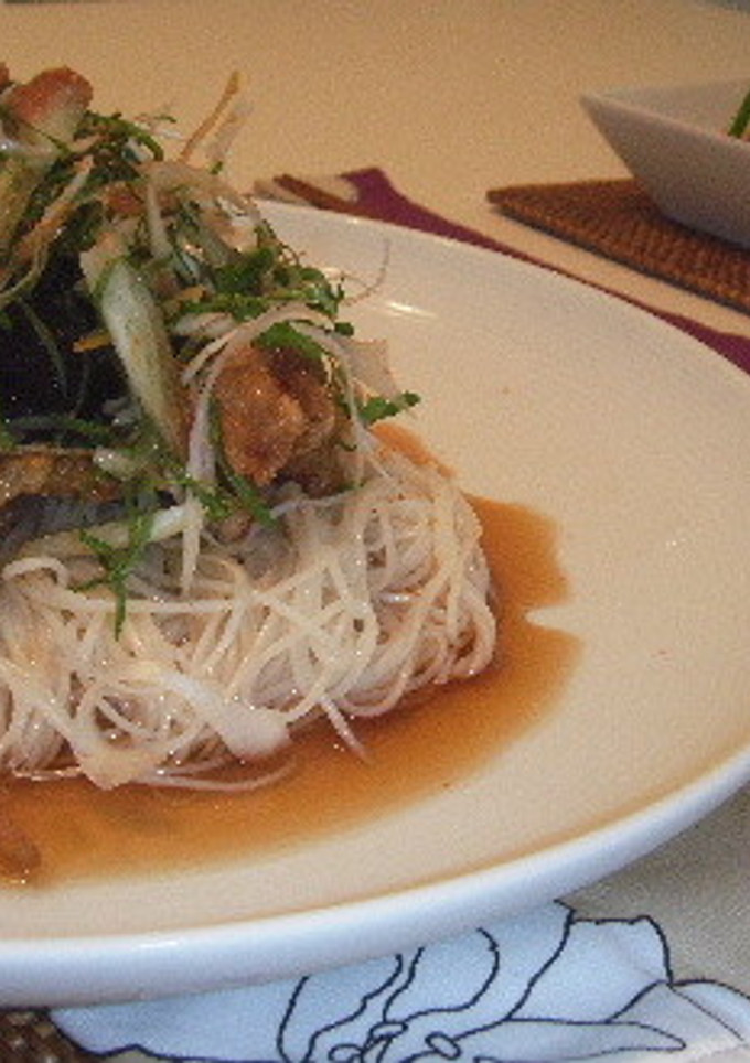 薬味たっぷり豚竜田と揚げナスのそうめん-レシピのメイン写真
