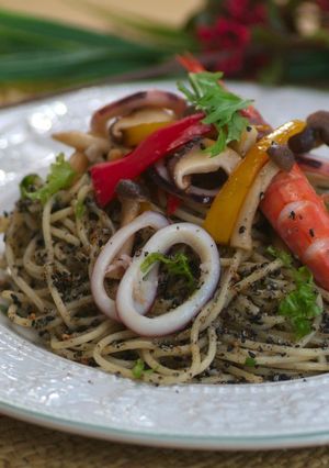 魚介ときのこのパスタ黒ごま青じそソース-レシピのメイン写真