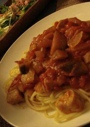 ナスと鶏肉新玉ねぎのトマトソースパスタ-レシピのメイン写真