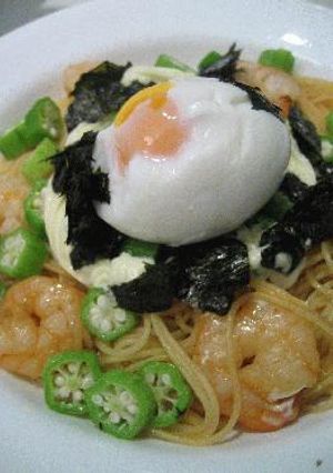 欲張り＊エビとオクラと半熟卵のバター醤油パスタ＊-レシピのメイン写真