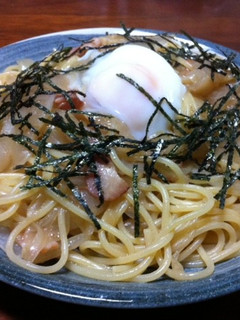 新玉ねぎとベーコンの和風パスタ温玉のせ!-レシピのメイン写真