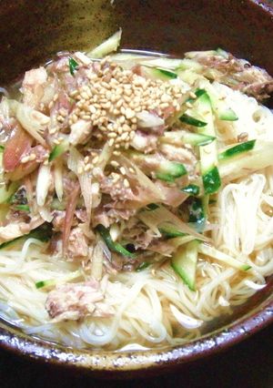 さば水煮でさっぱりコクウマ素麺-レシピのメイン写真