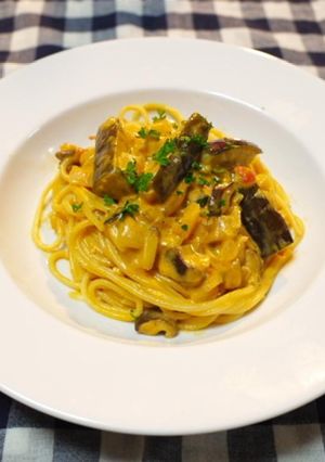 茄子とシイタケのトマトクリームパスタ-レシピのメイン写真