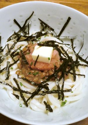 うどん DE 納豆めんたいパスタ風-レシピのメイン写真