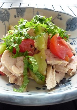 蒸し鶏となすびのゴマドレッシング和え-レシピのメイン写真