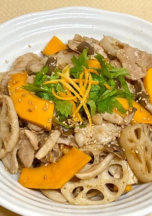 夕飯主菜に。豚肉とれんこんとかぼちゃの照り焼き-レシピのメイン写真