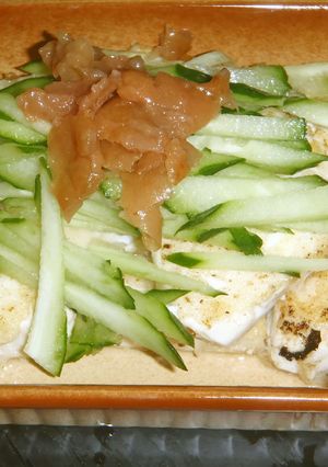 梅キュウとシソドレで美味しい一口焼絹豆腐-レシピのメイン写真