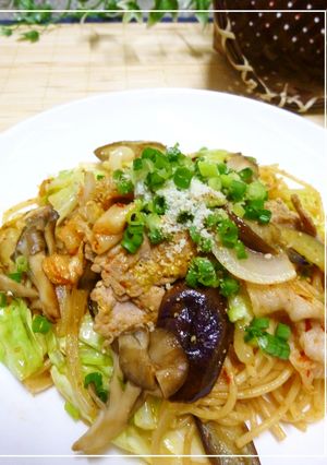 豚肉と茄子とまいたけのキムチパスタ-レシピのメイン写真