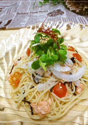 鮭とトマトの梅風味冷製パスタ-レシピのメイン写真