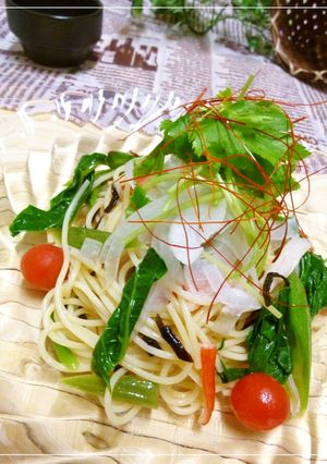 ツルムラサキとトマトの冷製パスタ-レシピのメイン写真
