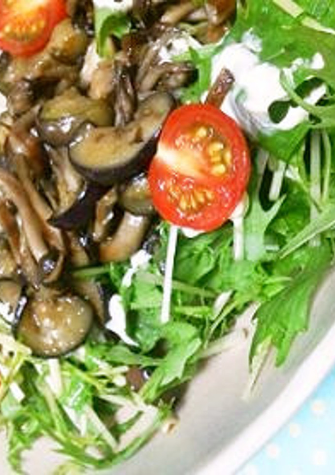 ナスとキノコ炒めを乗せた水菜のサラダ☆-レシピのメイン写真