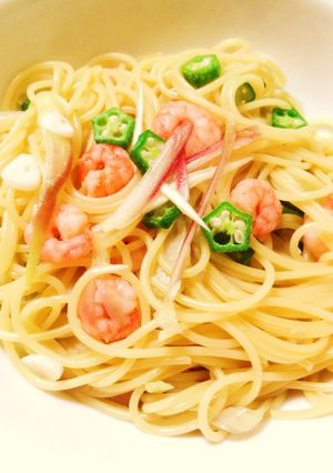 茗荷とオクラと海老の柚子胡椒パスタ-レシピのメイン写真