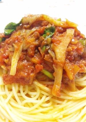 《ツナとまいたけ》の和風トマトパスタ♪-レシピのメイン写真