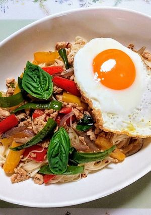 簡単ランチ！鶏肉と素麺のガパオチャンプル-レシピのメイン写真