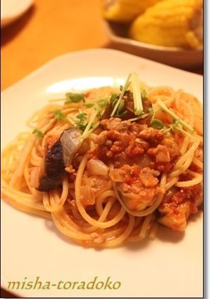 茄子とひき肉のトマト風味パスタ-レシピのメイン写真