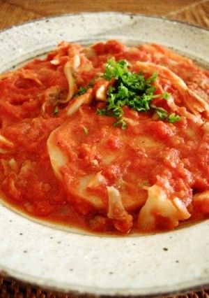れんこんの肉詰めきのことトマトの煮込み-レシピのメイン写真