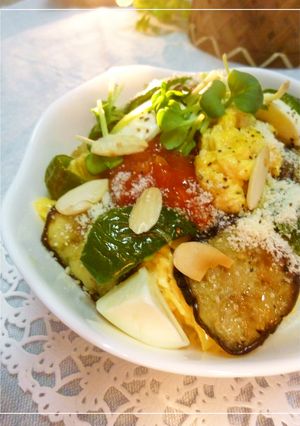 茄子と卵とチーズの丼　赤いタルタル-レシピのメイン写真