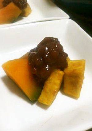 レンジで～南瓜と薩摩芋の煮物、小豆ON♪-レシピのメイン写真