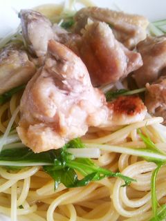 ぴりうま!鶏肉と水菜のわさび醤油パスタ-レシピのメイン写真