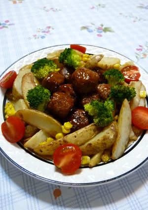 甘酢肉だんごde甘酢ポテト：レオン亭-レシピのメイン写真