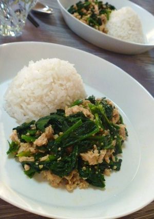 鶏ひき肉とホウレン草のカレーペースト炒め-レシピのメイン写真