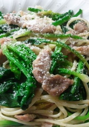 塩豚とちぢみほうれん草のパスタ-レシピのメイン写真